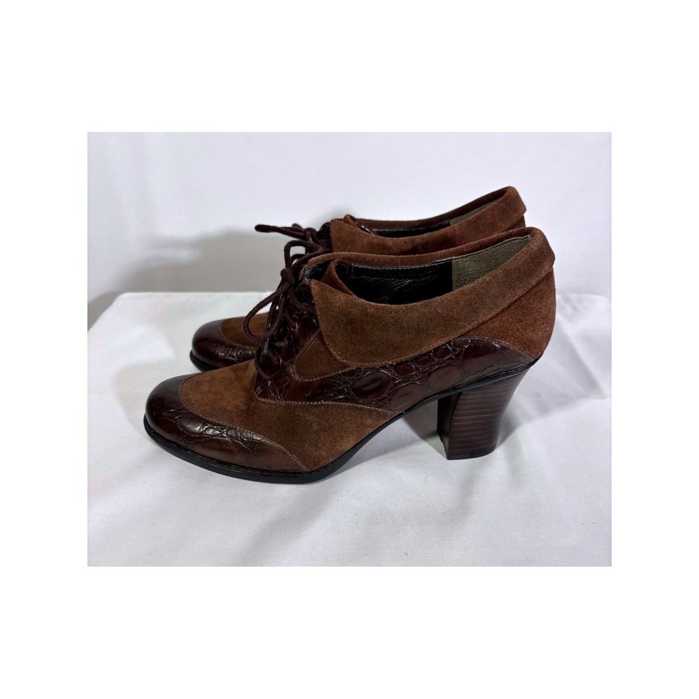 Dark Academia Naturalizer Oxford Heel Women 8 Brown Suede Croc Lace Up Booties - Picture 2 of 6